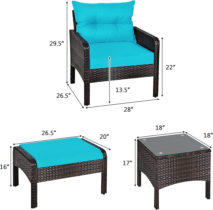 DORTALA 5 Pieces Patio Furniture Set, Outdoor Rattan Conversation Set with Cushions, Glass Table, Ottomans & Chairs, Wicker Sofa Set Backyard Garden Balcony, Turquoise