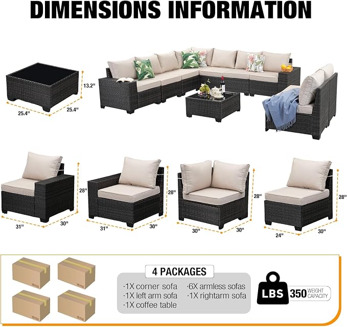 JOYURE 10 Pieces Patio Furniture Set All-Weather Outdoor Wicker Sectional Conversation Sofa Rattan Patio Seating Sofa with Cushion and Glass Table for Porch Poolside,Beige