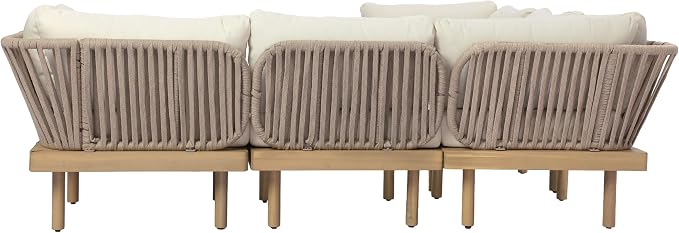 Christopher Knight Home John 4 Piece Patio Furniture Set with Slatted Coffee Table, Outdoor Sofa Set with Rope Back & Cushions, Modern Acacia Wood Sectional Conversation Set, Beige+Cream+Light Teak