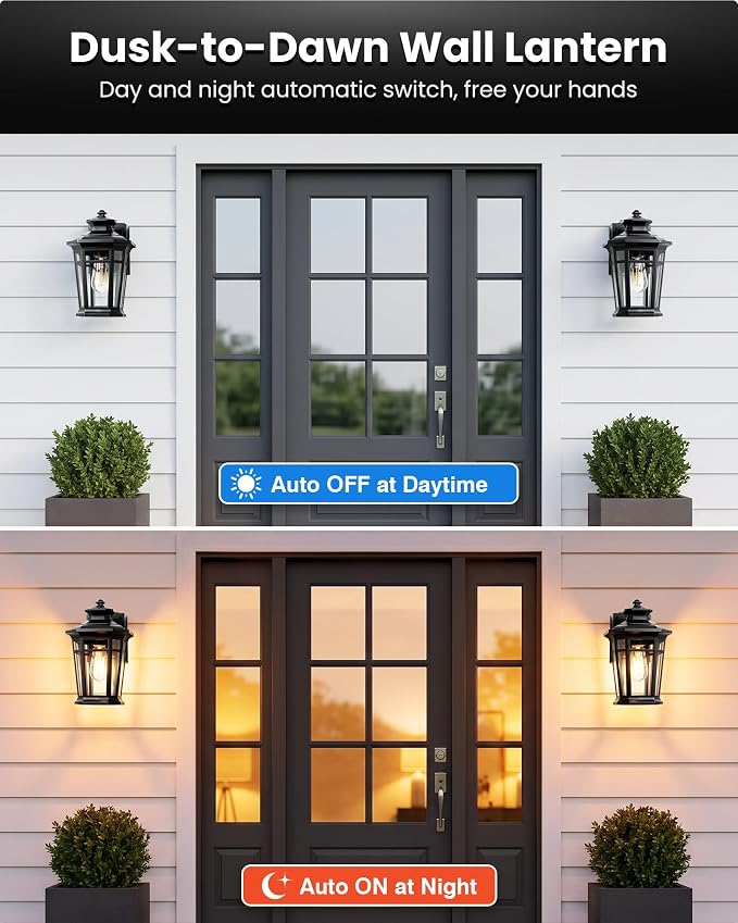 Gleamz Large Dusk to Dawn Outdoor Lighting with GFCI Outlet, Black Exterior Lighting Fixtures, Outdoor Porch Lights Wall Mount for Garage, Patio, Coach, 100% Aluminum Anti-Rust Waterproof