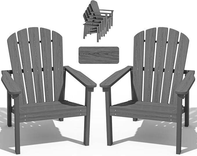 nevilywood Compact Stackable Adirondack Chairs Set of 2,HDPE,380lbs,Grey | 26.3" Wide HDPE.All-Weather Outdoor.Maintenance-Free.Stackable for Storage.25°Curved Straight Backrest.Quick Assembly