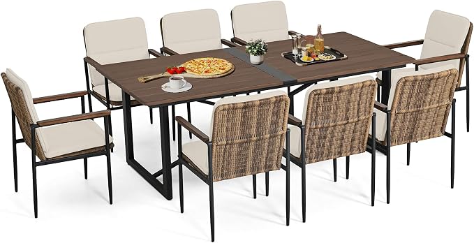 HAPPATIO 9 Piece Patio Dining Set Outdoor, 8 Wicker Chairs with Aluminum Frame and Olefin Cushions, Large Wooden Dining Table with Umbrella Hole,Patio Table and Chairs for Backyard Garden Porch