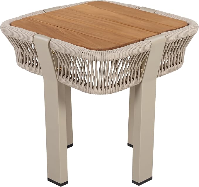 Acacia Wood Side Table, Square Outdoor End Table with Rope & Metal Frame, Small Outdoor Table for Patio, Garden, Poolside, Deck w/UV-Resistant Frame,120 lbs Capacity, Beige+Teak