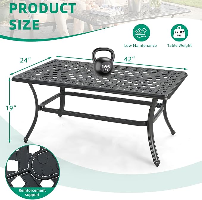 VIVIJASON Cast Aluminum Outdoor Coffee Table, 42 x 24 Inch Rectangular Patio Conversation Table with Lattice Top, Rust-Resistant All-Weather Center Table for Deck, Backyard, Porch, Antique Bronze