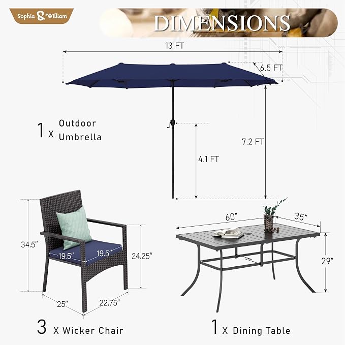 Sophia & William 7pc Patio Dining Set with Navy Umbrella, 6 Rattan Chairs | 6 Cushioned rattan chairs + 1 metal table with umbrella. Perfect for backyard, deck, porch. Durable all-weather frame.