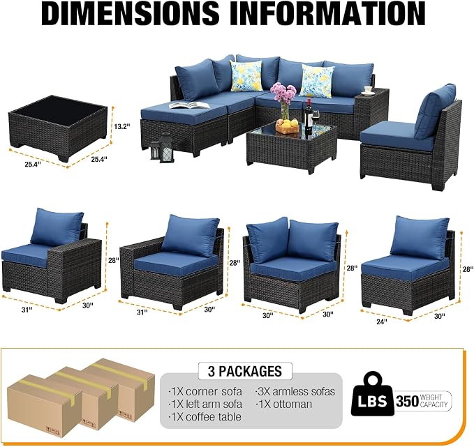 7-Piece Outdoor Patio Furniture Set, Modular Wicker Sectional Sofa with Thick Cushions & Coffee Table, All-Weather Rattan Conversation Set for Backyard, Porch, Poolside, Navy
