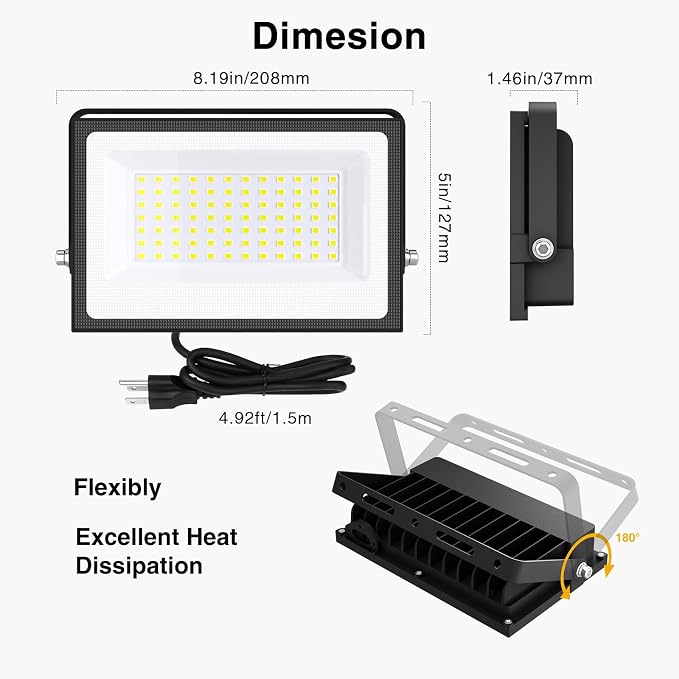 Onforu 80W Flood Lights Outdoor,8000lm Bright LED Work Light with Plug,Daylight White LED Flood Lighting, IP66 Waterproof Security Yard Lights for Garage Stadium 2 Pack