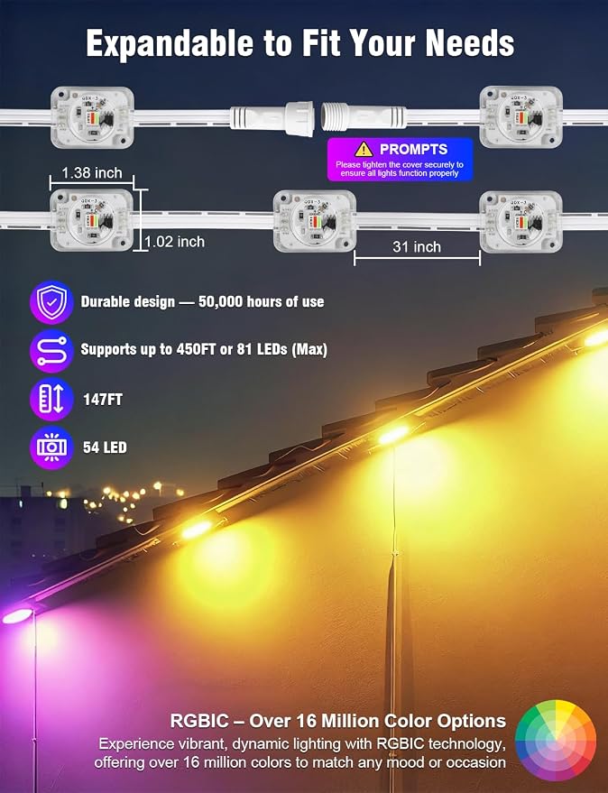 Permanent Outdoor Lights 150FT RGBIC LED Smart LED Lights, App/Remote Control IP68 Waterproof for Holiday Decor, 50 Scene Modes, DIY Lights Lighting Timing for Christmas Halloween Party M2