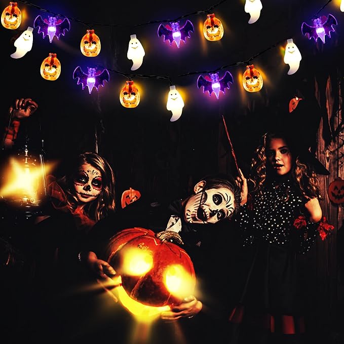 Mosoan Halloween Lights, 20Ft 30 LED Pumpkin Ghost Bat String Lights Battery Operated with Timer, 8 Light Modes Halloween Fairy Lights for Indoor Outdoor Party Home Yard Window Decor