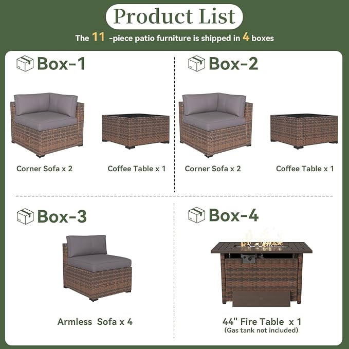 Aoxun 11 Piece Patio Furniture Set with 44” Fire Pit Table Wicker Rattan Outdoor Sectional Sofa Set with Coffee Table and Thickened Cushions, Gray