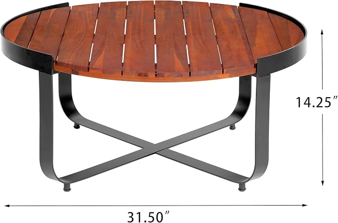 Merax Outdoor Coffee Table 31.5" Round Acacia Wood Tabletop with Metal Frame for Patio, Garden & Poolside, Modern Industrial Style