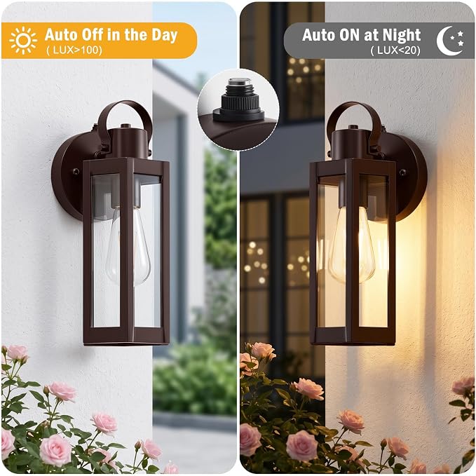 EJIAXIN 2 Pack Dusk to Dawn Outdoor Lighting Fixtures,Brown Porch Lights | 13" Waterproof outdoor lights for house, Clear Glass, Modern Outdoor Lights for House for Patio Front Door Entryway Garage