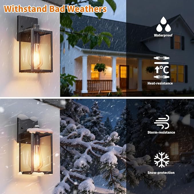 Outdoor Light Fixtures Wall Mount, Waterproof Front Porch Lights, Modern Exterior Lighting Fixtures with E26 Socket, Black Wall Sconces Lantern Lamp, Outside Lights for House, Garage, Patio (2 Pack）