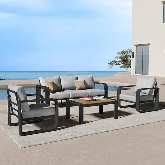 Oversized Aluminum Outdoor Furniture Set, Extra Large Patio Furniture Sofa Set 4.8” Widened Armrest & Ultra-Thick Cushions, 4 Pcs Modern Patio Sectional for Backyard, Porch, Gray