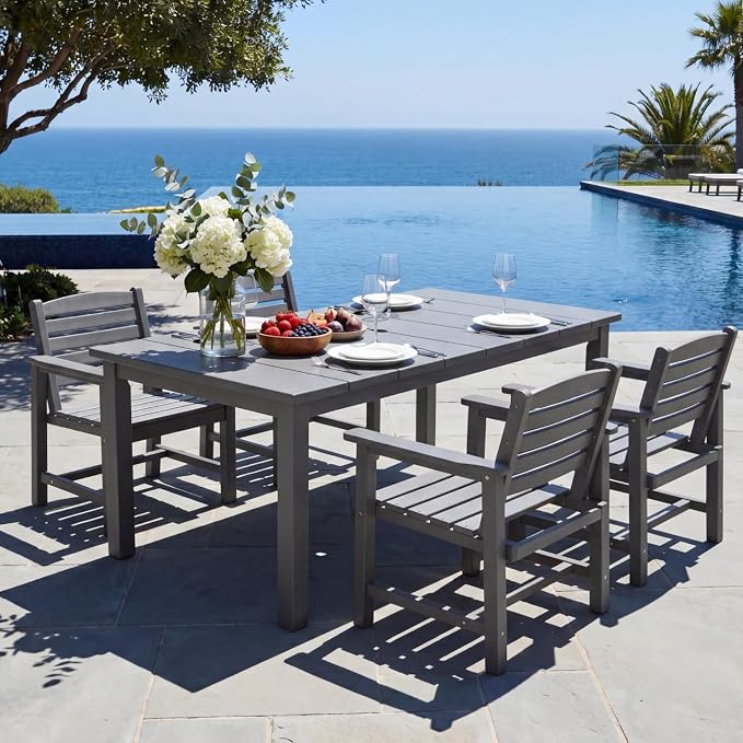 5-Piece Outdoor Dining Set with 75.2" Table for 4,Gray | HDPE material, umbrella hole design, weather-resistant furniture, perfect for garden, lawn, poolside, yard, balcony, deck