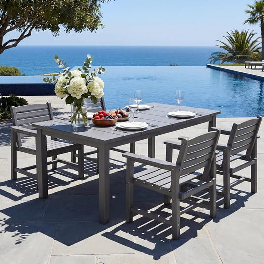 5-Piece Outdoor Dining Set with 75.2" Table for 4,Gray | HDPE material, umbrella hole design, weather-resistant furniture, perfect for garden, lawn, poolside, yard, balcony, deck