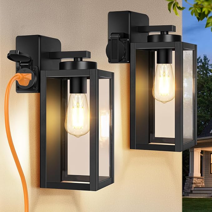 BesLowe Porch Lights with Outlet, Modern Outdoor Wall Light Fixtures, Black | UL-Listed Extra Power Socket, Waterproof, Rust-Resistant, Durable Metal with Clear Glass, Easy to Install