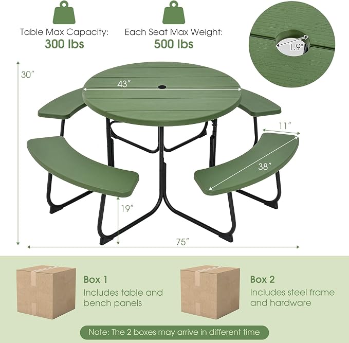 Giantex Picnic Table Set for Up to 8 Persons, Round Outdoor Table and Bench Set with Umbrella Hole, HDPE Top & Metal Frame, 2000LBS Capacity, Patio Table Bench for Deck Backyard Garden (Green)