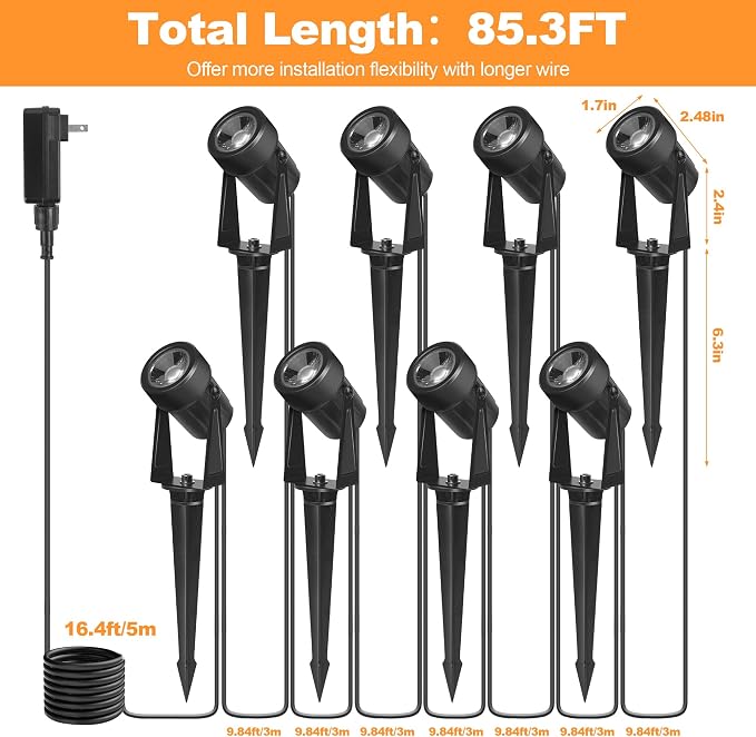 85.3FT LED Outdoor Landscape Spot Light Low Voltage, 24W Wired Uplight with Transformer, IP65 Waterproof Outside Plug-in lighting for Garden House Yard Tree Pathway, Warm White 3000K, Pack of 8