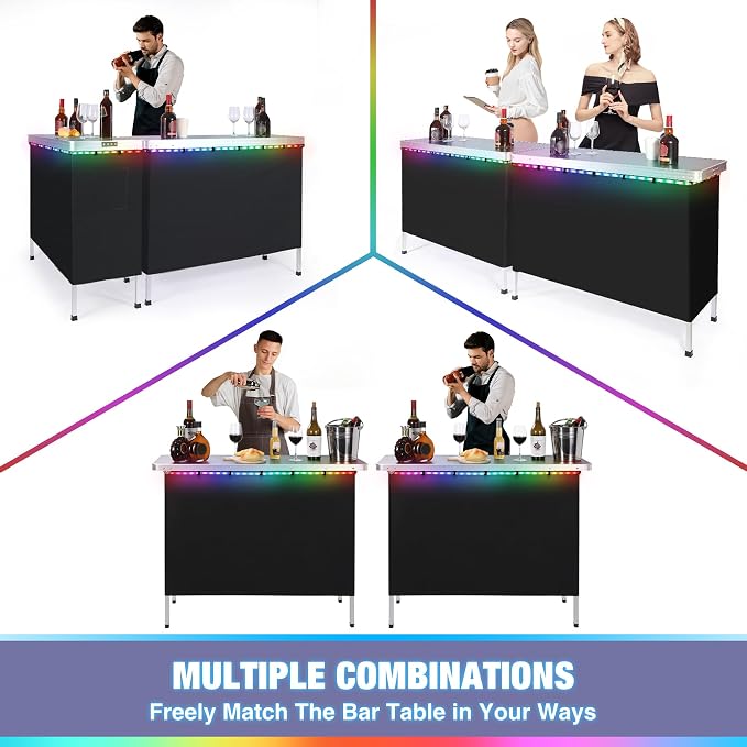 REDCAMP Portable Bar Table with Multi-Color LED Lights, Pop Up Folding Mobile Bar Bartender Table Podium Table for Events, Party, Camping, Tradeshow, Exhibition, Easy Setup, Black,43"x33"x15"