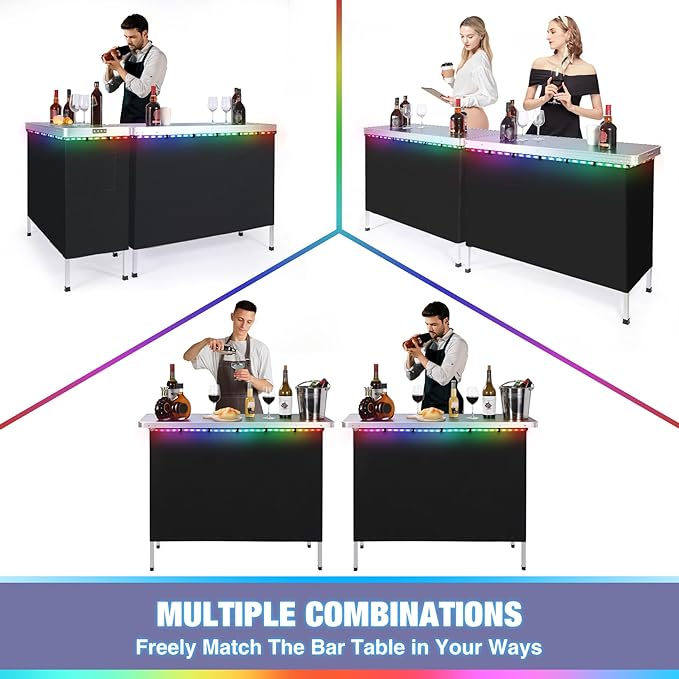 REDCAMP Portable Double Bar Table with Multi-Color LED Lights, Pop Up Folding Mobile Bar Bartender Station Podium Table for Events, Party, Camping, Tradeshow, Exhibition, Easy Setup, Black,43"x33"x15"