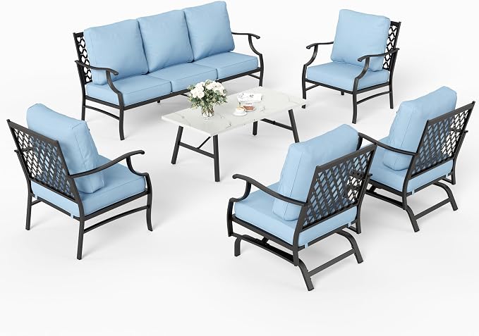 SUNSHINE VALLEY 6 Piece Metal Outdoor Patio Furniture Set, Patio Conversation Set 1 3-Seater Sofa, 2 Rocking Chair, 2 Leg Chair with 5.75" Thick Cushion and Coffee Table, Backyard Furniture Set, Blue