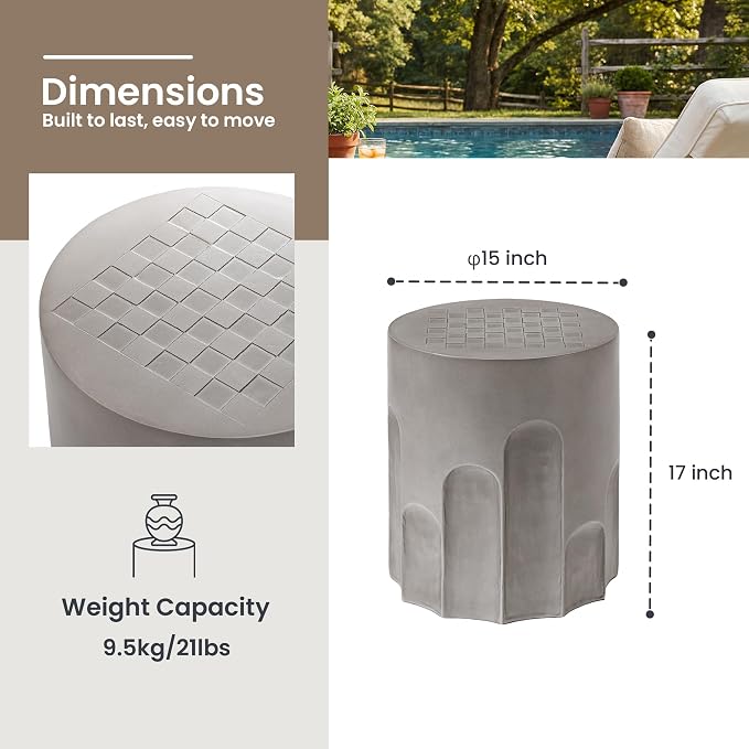 HOMPUS Outdoor Side Table with Checkeboard Grain Tabletop, Round Shaped MgO Lightweight Concrete End Tables, Modern Vintage Patio Accent Table for Indoor Outdoor Use, Grey