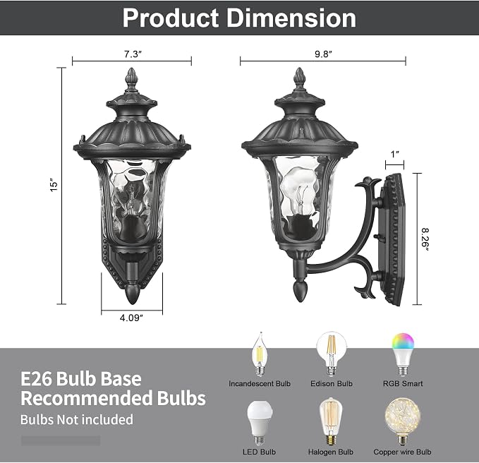 Outdoor Light Fixtures Wall Mount, Waterproof Exterior Wall Lanterns with Waer Ripple Glass, Outside Sconces, Front Porch Lights for House Garage Doorway Patio, 15'' Small Black