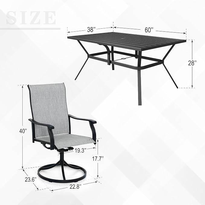 Anmutig 7-Piece Outdoor Dining Set, 6 Swivel Patio Chairs & 60'' Rectangular Dining Table with All Weather Frame Furniture Set - Grey Style1