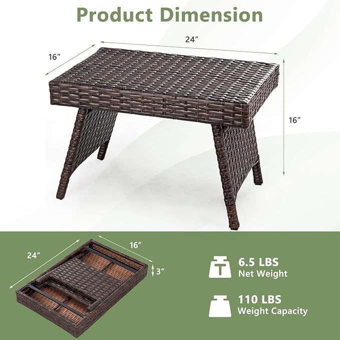 DREAMADE Rattan Side Table, Folding Small Patio Wicker Desk Outdoor Deck Furniture w/PE Rattan, Robust Metal Structure, Outdoor Coffee Table for Patio, Deck, Yard, Poolside, Garden, Balcony (Brown)