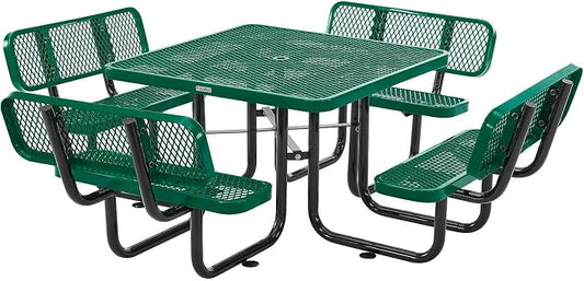 Global Industrial 46" Square Picnic Table with Backrests, Expanded Metal, Green Thermoplastic Coating, 1-1/2" Umbrella Hole, Outdoor-Rated, 1000 Lbs Capacity