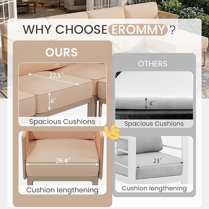 EROMMY 6 Pieces Patio Sectional Furniture Set, Metal Frame Outdoor Conversation Set with Ottoman, 6" Thick Cushions & Coffee Table, All-Weather Sectional Sofa for Poolside, Deck, Backyard, Beige