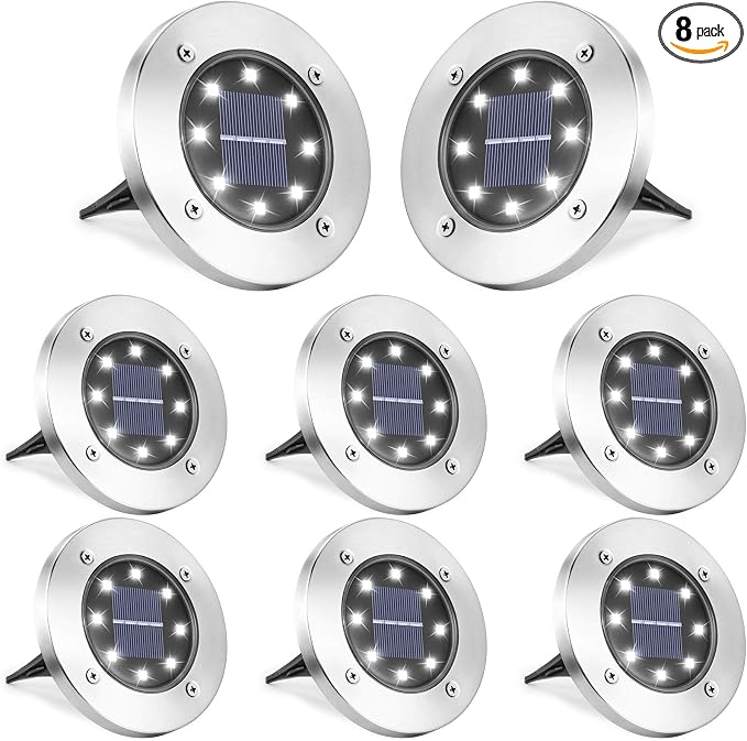 LYHOPE Solar Ground Lights Outdoor, 8 Pack 8 LED Solar Disk Lights Waterproof Garden In-ground Pathway Light Landscape Lighting for Lawn,Yard,Deck,Patio,Walkway (White)