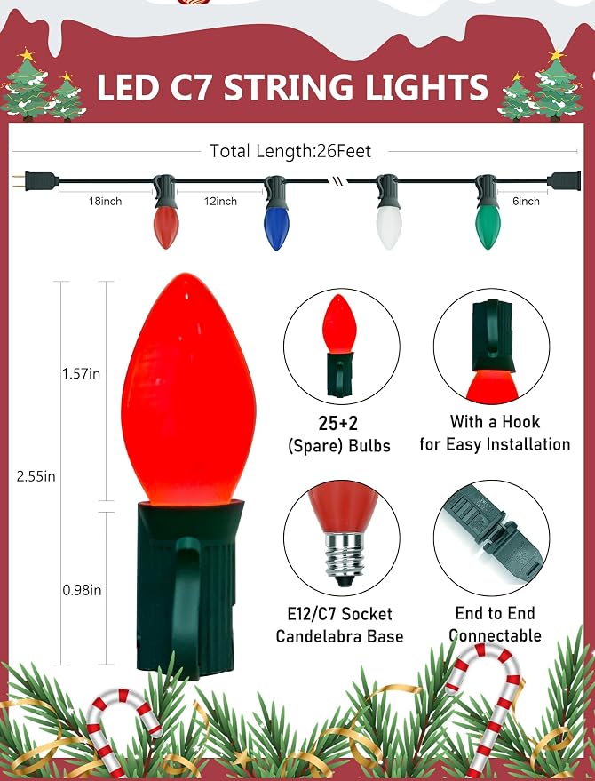 C7 LED Multicolor Christmas Lights, 26Ft Vintage Outdoor Christmas String Lights with 27 Colorful Ceramic LED Bulbs, Connectable Hanging Lights for Holiday Party Backyard Roofline House Xmas Decor