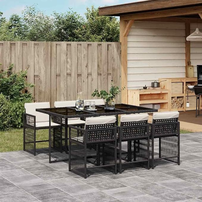 7 Piece Patio Dining Set, Black PE Rattan Outdoor Dining Table and 6 Chairs with Cream White Cushions, Space Saving Garden Furniture Set for Patio, Backyard, Deck