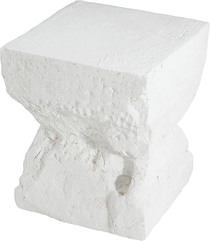Christopher Knight Home Nataly 18.5" H Small Outdoor Side Table, Hourglass-Like Shape Carved Garden Stool, Lightweight Concrete End Table, Patio Decorative Home Stool for Balcony Backyard, White