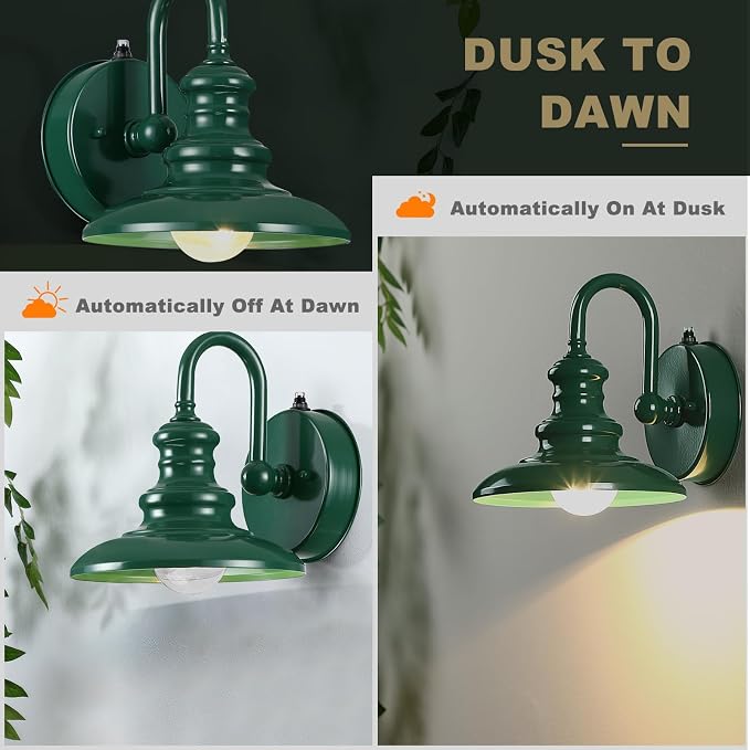 Dusk to Dawn Sensor Outdoor Gooseneck Barn Light Fixture Green | Exterior Wall Sconce Lighting Rustic Outside Porch Lantern Farmhouse Wall Mount Lamp for House Garage Patio