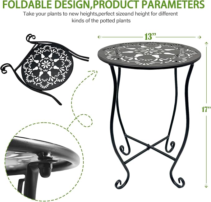 Arbuxzuy 17" Tall Round Metal Outdoor Side Tables for Patio, Decorative Black Flower Pot Stand, Rustproof Potted Holder, 120 lbs Load Capacity