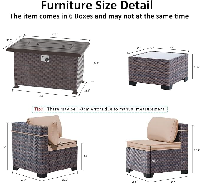 Outdoor Patio Furniture Set with Fire Pit Table, 10 Pieces Outdoor Furniture Set Patio Sectional Sofa w/43in Propane Fire Pit, PE Wicker Rattan Patio Conversation Sets - Brown