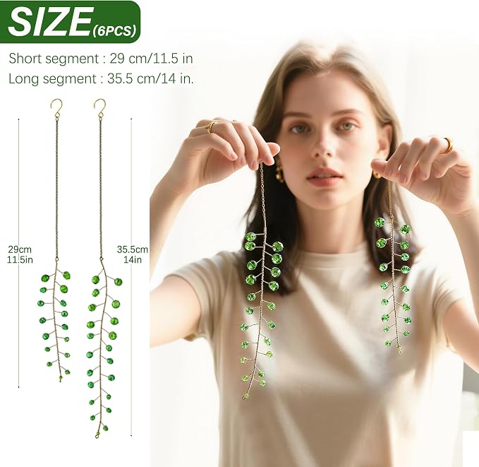 6 Pcs Crystal Beaded Suncatchers Artificial Green Plants Hanging Wind Chime | Beaded Glass Plant Suncatcher with Chain for Window Indoor Outdoor Potted Plants Decorations Plant Lover Gift