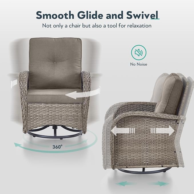 5 Piece Patio Furniture Set with Fire Pit Table - Wicker Patio Conversation Set with Swivel Glider, Glider Loveseat, Tempered Glass Side Table for Deck Backyard - Grey Wicker Grey Cushion