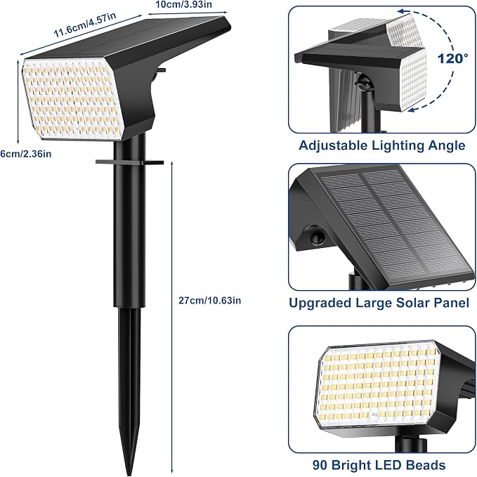 LANSOW Solar Spot Lights Outdoor Waterproof IP67, (2 Pack/90 LED/4 Modes) Solar Landscape Spotlights, 2-in-1 Solar Powered Flood Lights for Yard Garden Pathway Outside Tree, Auto ON/Off(Warm White)