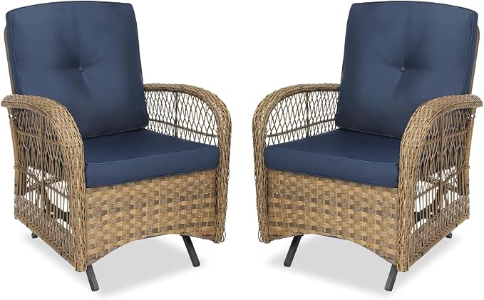 MEETWARM Patio Wicker Rocking Glider Set, All-Weather Outdoor Rattan Patio Rocking Chairs of 2, Patio Conversation Set with Thickened Cushions for Porch Garden & Backyard, Navy Blue
