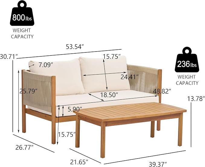 Christopher Knight Home Mayeq 4-Piece Acacia Wood Patio Furniture Set, Outdoor Conversation Sofa Set with Club Chair and Coffee Table, Patio Sectional Chat Set for Backyard Balcony, Teak+Cream