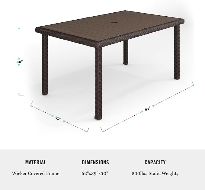 Martha Stewart Bedford 62" Indoor-Outdoor Patio Table with Faux Wood Top and Rattan Wicker Finish in Brown