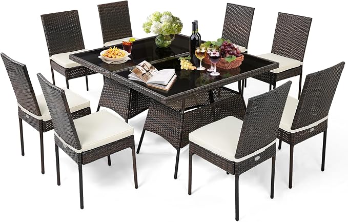 Tangkula 10 Pieces Wicker Patio Dining Set, Outdoor Rattan Table & Chairs Set with Padded Cushions, Patio Furniture Dining Glass Table Set for Balcony Patio Garden Poolside