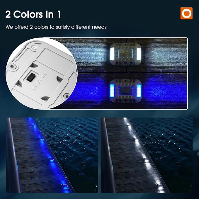 addlon Solar Dock Lights Marine 8 Pack, 2CCT Outdoor Driveway Marker Deck Lights, IP67 Waterproof, Solar Powered Deck Light for Pathway Warning Step Sidewalk Patio, Blue Light & Cool White, FCC