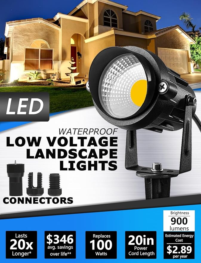 SUNVIE 12W Low Voltage LED Landscape Lights with Connectors, Outdoor 12V Super Warm White (900LM) Waterproof Garden Pathway Lights Wall Tree Flag Spotlights with Spike Stand (10 Pack with Connector) | Outdoor 12V Waterproof Super Warm White 900LM Garde...