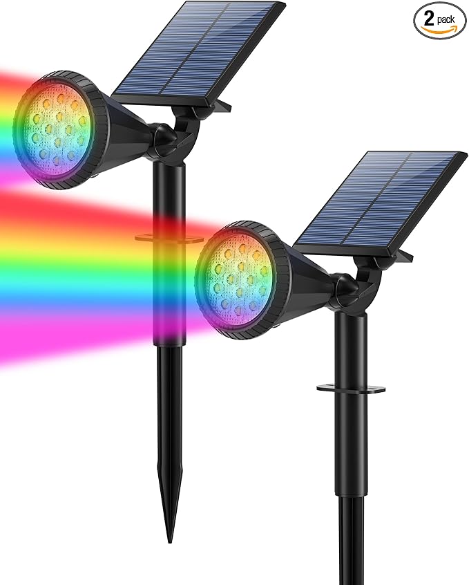 Tadyreal Color Changing Solar Spot Lights Outdoor Waterproof 180° Adjustable Colored RGB Solar Powered Landscape Lights for Yard 7 Lighting Modes Solar Spotlights for Pathway Garden Outside (2 Pack)