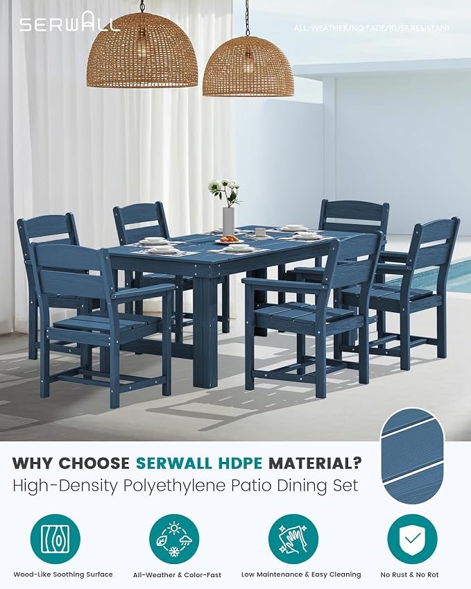 SERWALL Outdoor Dining Table Set, 67‘’ HDPE Patio Dining Set for 6, All-Weather Outdoor Table and Chairs Set for Deck, Blue
